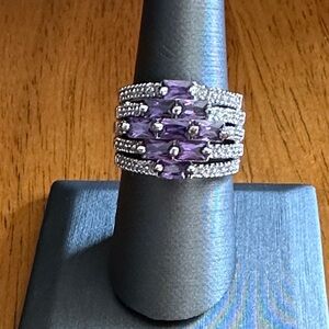 Purple Baguette Amethyst and Silver Women's Ring. White crystal shoulders